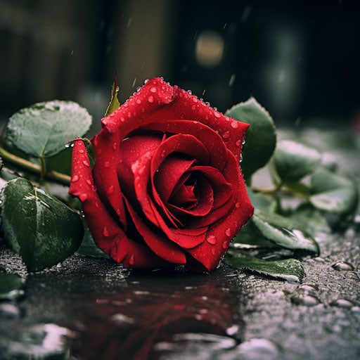 Red rose in rain, poetcore style, romantic drama