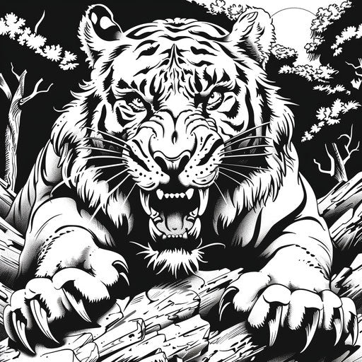 A satirical tiger in a political cartoon setting a la Walt Handelsman, coloring book page