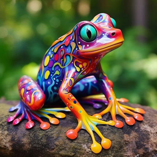 Painted sculpture of a colorful frog in bronze