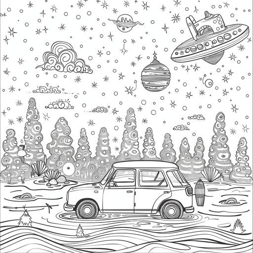 Whimsical scene of a car floating on water like a boat