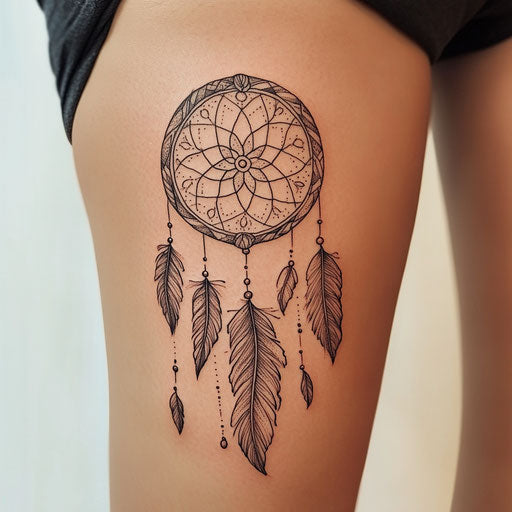 Inner thigh tattoo sketch with dreamcatcher