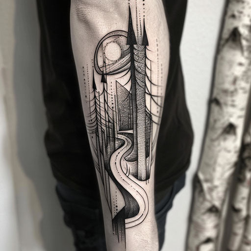 Modern flat tattoo sketch of riverside with cubist trees