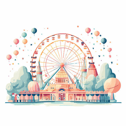 Amusement park in pastel colors style, on white background