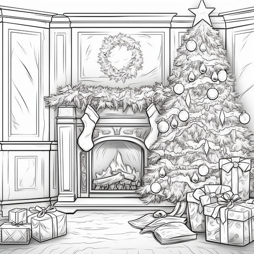 Christmas tree and presents in the fireplace coloring page