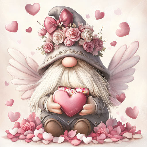 Valentine's Day gnome with wings holding heart-shaped candy box, surrounded by pink and white hearts, in Artgerm style