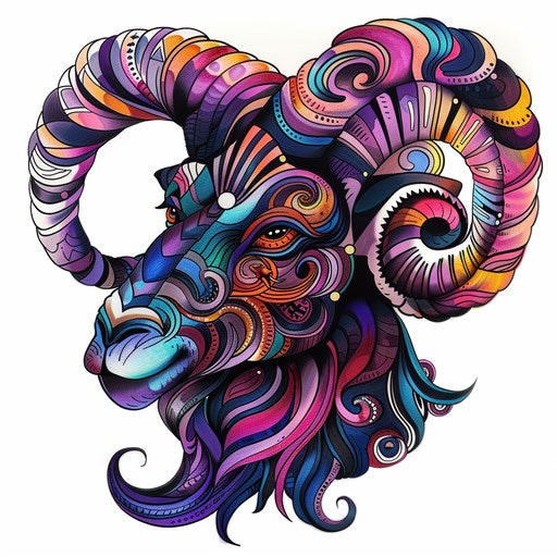 A beautiful flat tattoo sketch of a ram for the Aries zodiac sign, vibrant colors and bold lines