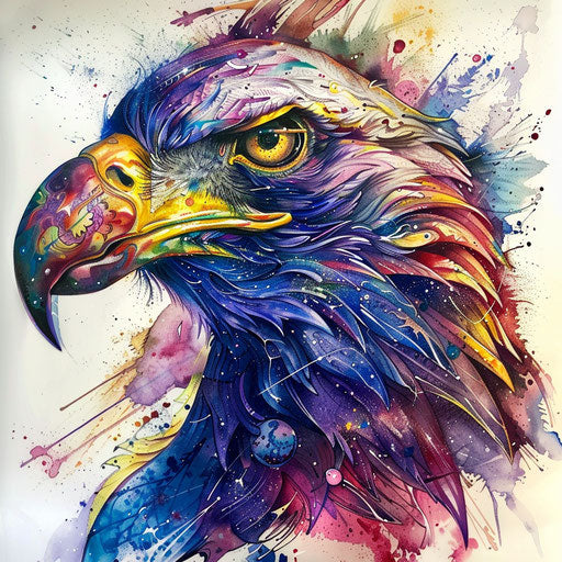 Surreal eagle tattoo art, cosmic and nature elements blend, vibrant colors on white