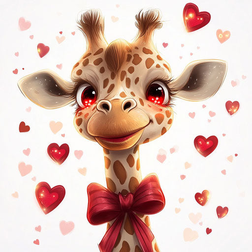 Valentine-themed giraffe with a bow on its neck