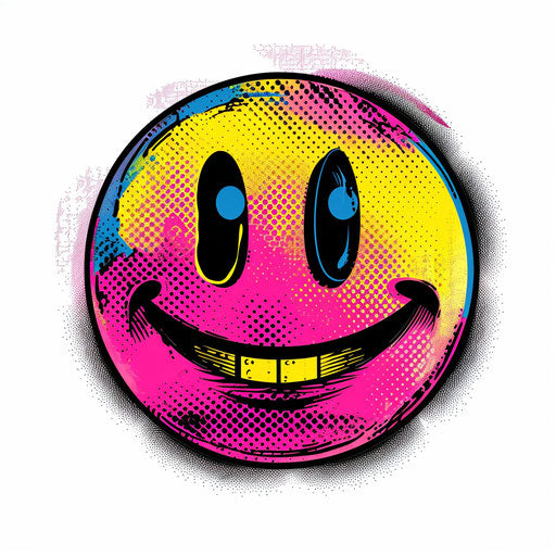 Illustration of retro pop art style smiley face tattoo, vivid colors, on white background.