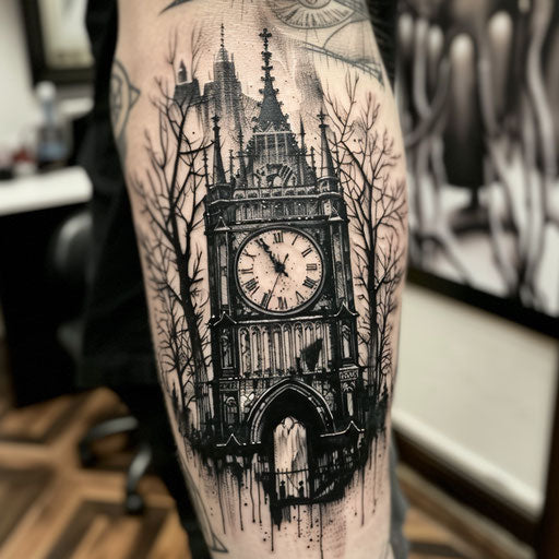 Gothic clock tattoo set to a significant hour