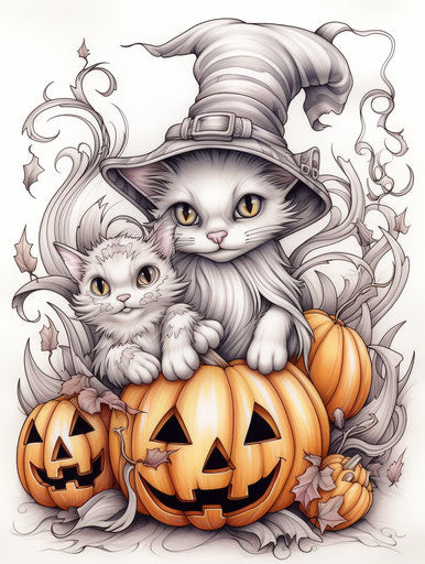 Halloween cats with bats and pumpkins coloring page witch