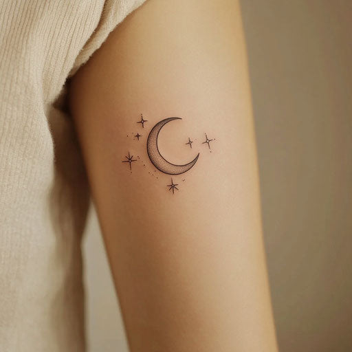 Minimalist crescent moon and stars upper arm tattoo for women