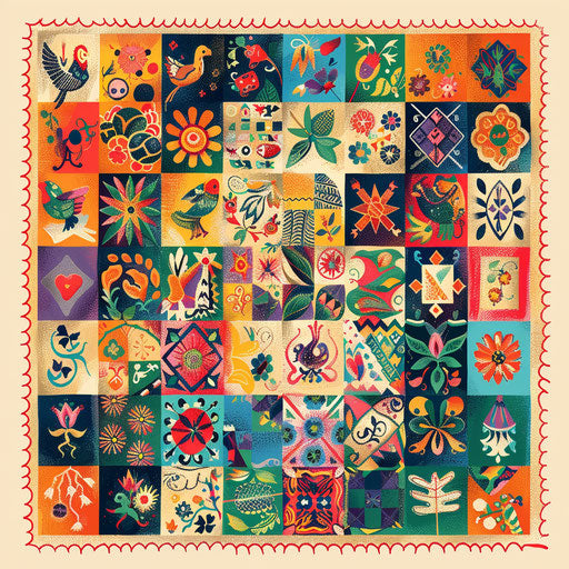 Flat clipart style drawing of a quilt with family symbols and colorful patterns patchwork