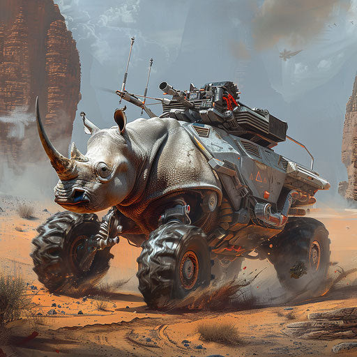 A rhino as a space explorer in a futuristic rover