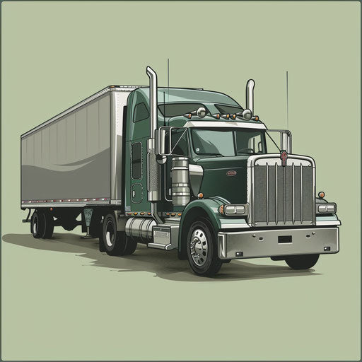 Semi truck clipart in a realistic depiction with a flat, muted olive background, focusing on soft gradients and refined linework