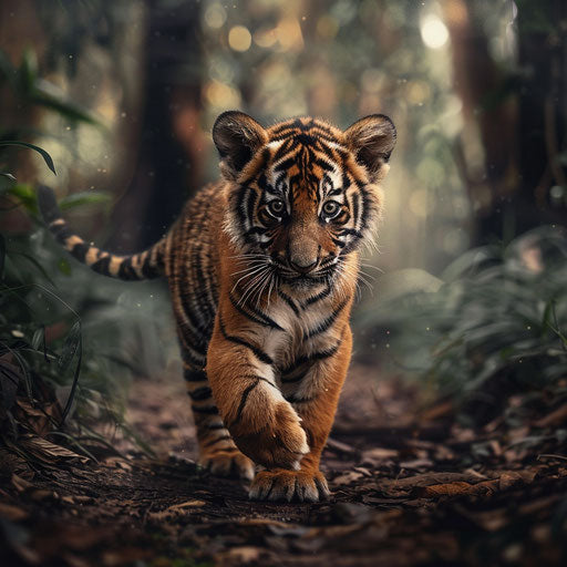 A tiger cub exploring the world, innocence and curiosity in a wild forest