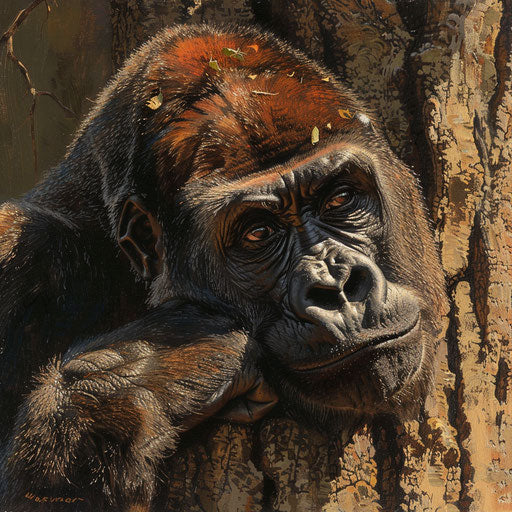 Peaceful gaze of a western lowland gorilla leaning against tree trunk in late afternoon sun