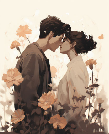 Couple kissing in front of flowers, light gray and dark brown style, cute and dreamy 25:31
