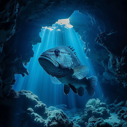 A Warsaw grouper in a mysterious underwater cave, illuminated by the natural light from the entrance