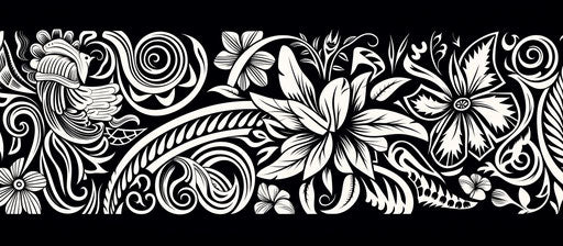 Black and white drawing of a Polynesian pattern, birds & flowers style, multiple patterns 41:18