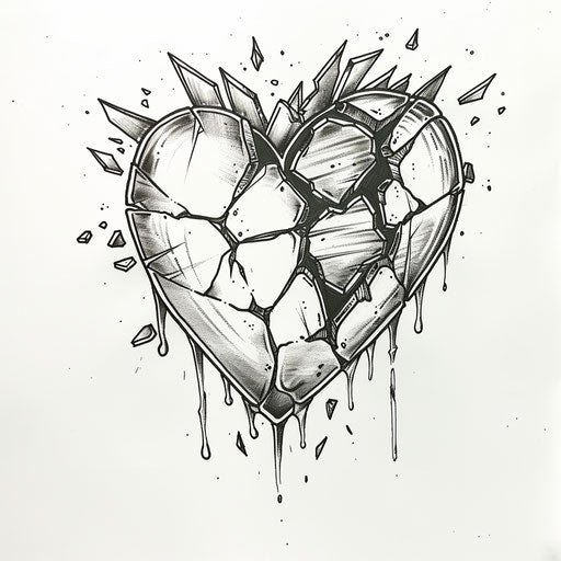Flat tattoo sketch of a heart crying broken glass pieces, symbolizing shattered emotions
