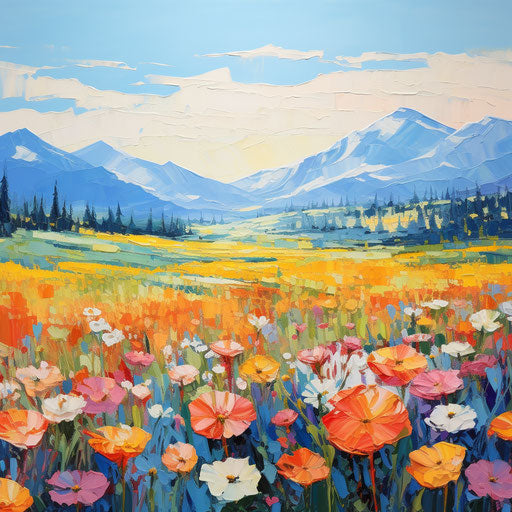 Flowery field with snowy mountains in the background, light blue and orange style