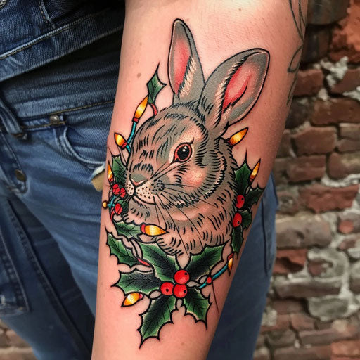 Festive flat tattoo sketch of a bunny with Christmas lights and holly in traditional holiday colors