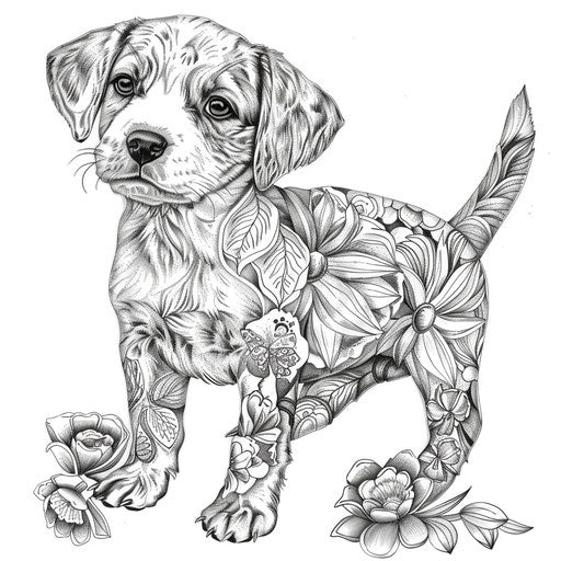 A friendly puppy with a wagging tail, in the style of Gennady Spirin, Coloring book page