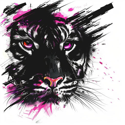 Dynamic tattoo sketch of tiger eyes in a flat clipart style with explosive magenta highlights