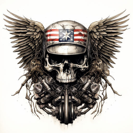 Motorcycle helmet, wings, and flag