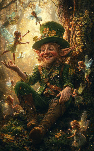 Smiling leprechaun surrounded by fairies in enchanted forest