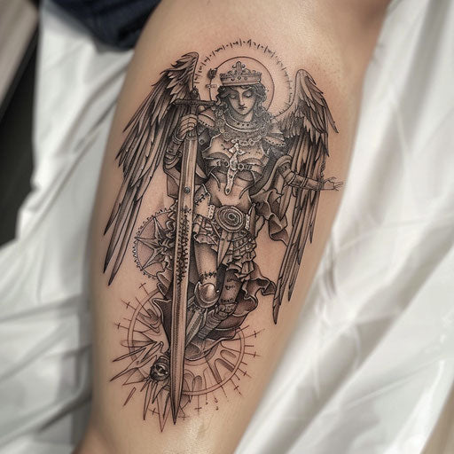 Steampunk style tattoo of St. Michael with mechanical wings on white background