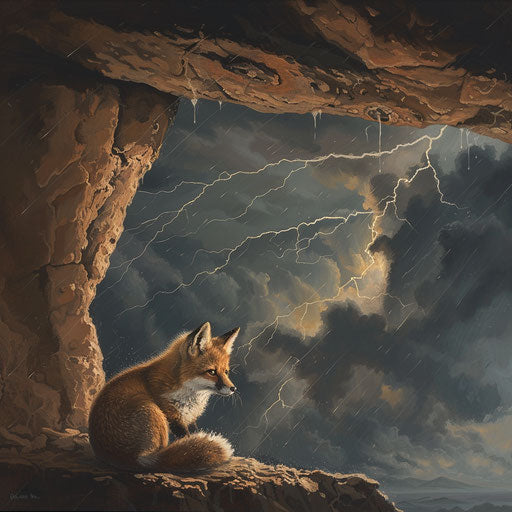 Swift fox sheltering under rocky overhang in thunderstorm
