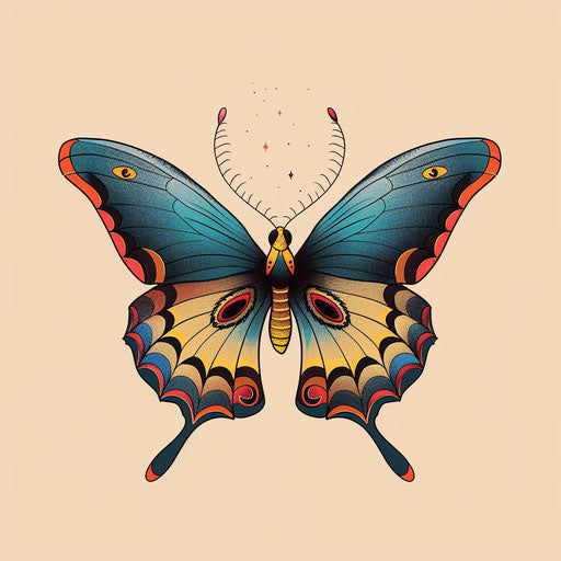 Vibrant flat tattoo sketch of a blue butterfly