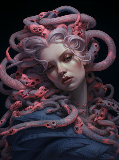 The head of a woman with snakes around her, coralpunk style, light pink and dark blue
