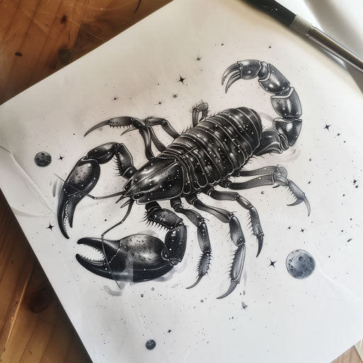 Cosmic scorpion tattoo on white paper