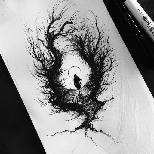 Gothic flat tattoo sketch of a soul wandering through a dark, enchanted forest