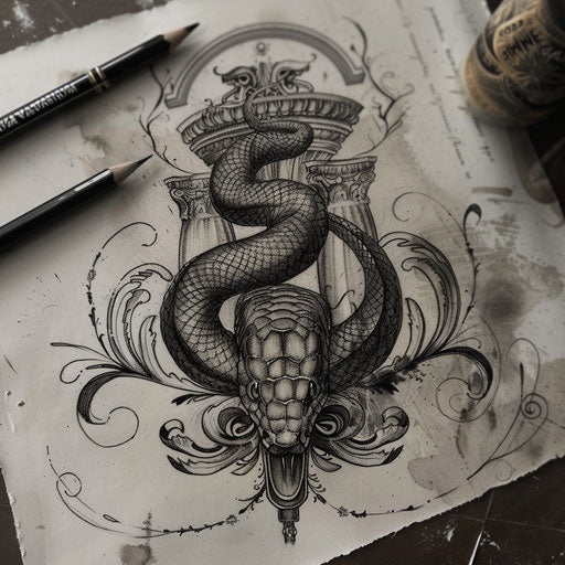 Gothic cobra tattoo sketch with dark tones and baroque architectural elements