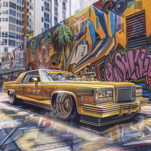 Luxurious lowrider Cadillac bouncing on vibrant urban street