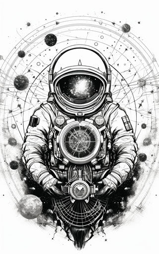 The astronaut with compass in pencil steampunk style