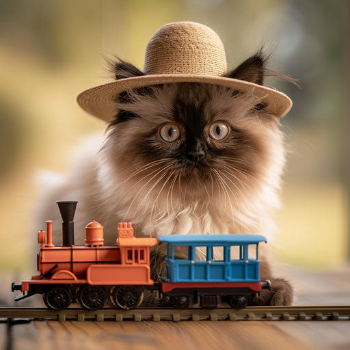 Himalayan cat with small hat next to toy train