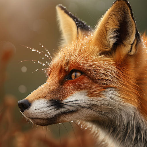 Red fox with dewdrops on its fur, soft and gentle