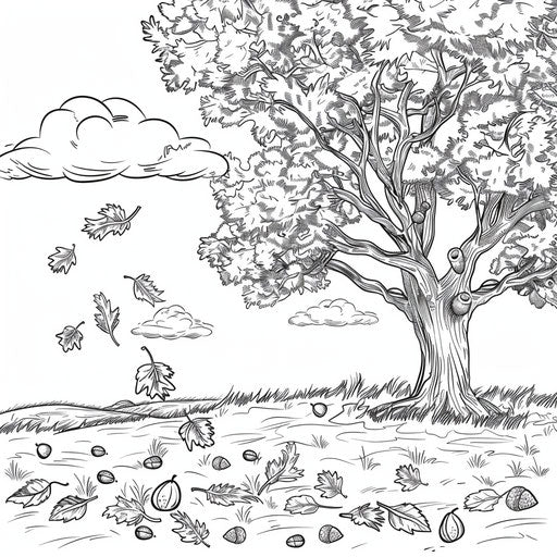 Acorns falling from an oak tree