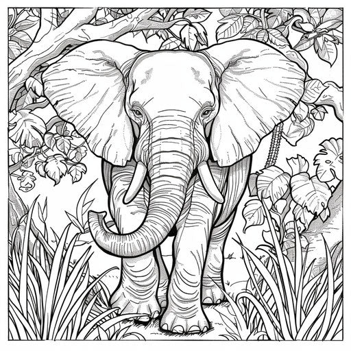 Elephant in jungle with vines and trees