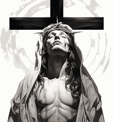 White cross and black person in decorative paintings style