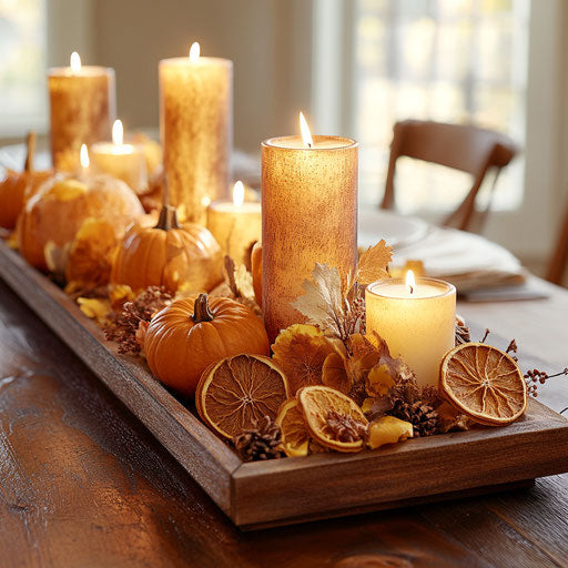 Thanksgiving candle centerpiece with pumpkins and oranges