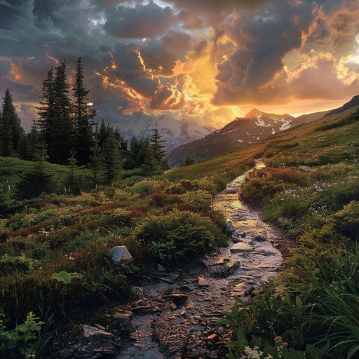 Mountain trail during stormy sunset