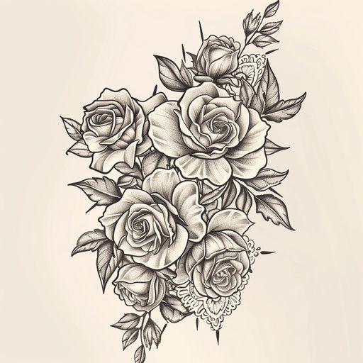 Elegant flat tattoo sketch of a bouquet of June roses intertwined with lace patterns