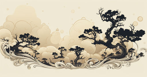 Trees with swirling clouds, traditional Japanese artistic style