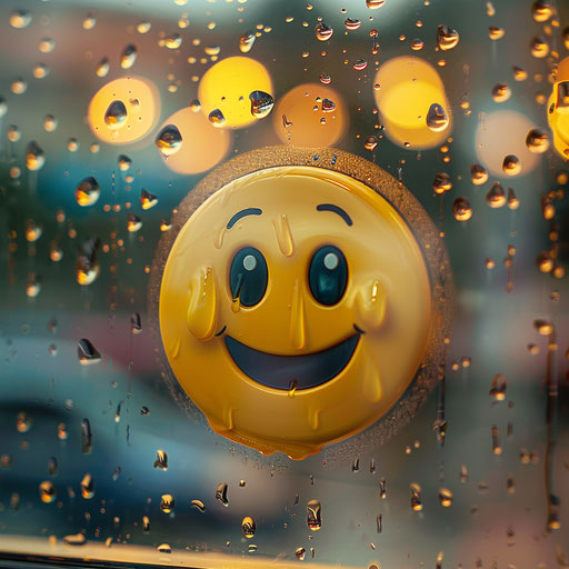 The emoji face in the rain, teethcore style, commentary on race, lighthearted, inlay, rounded, happenings